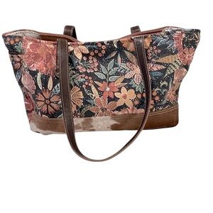 Myra Bag Floral Canvas Cowhide Boho Leather Two Handle Tote Bag Carryon Purse